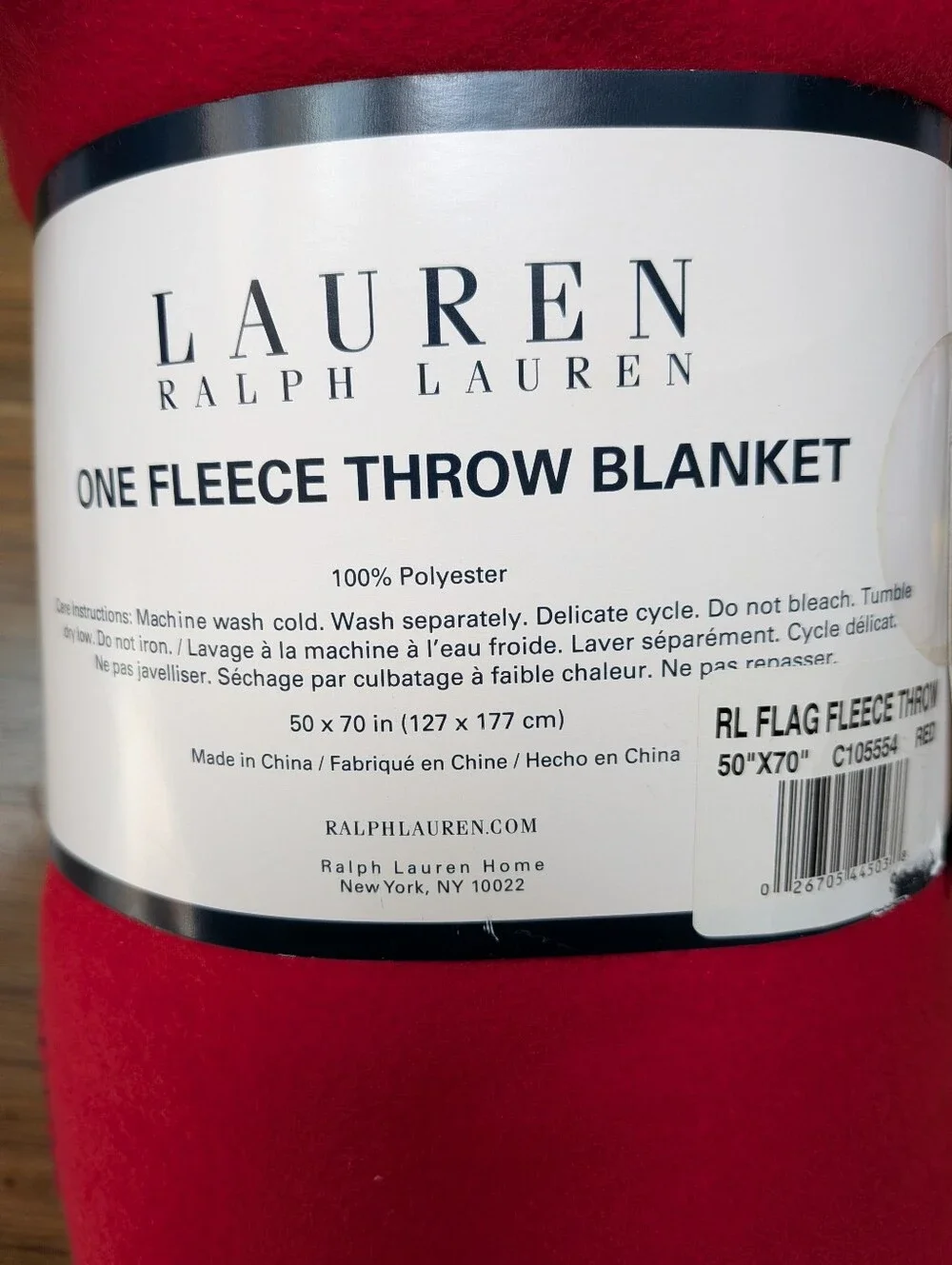 NWT Lauren Ralph Lauren Red Flag Embroidered Fleece Throw Blanket 50x70 Inches